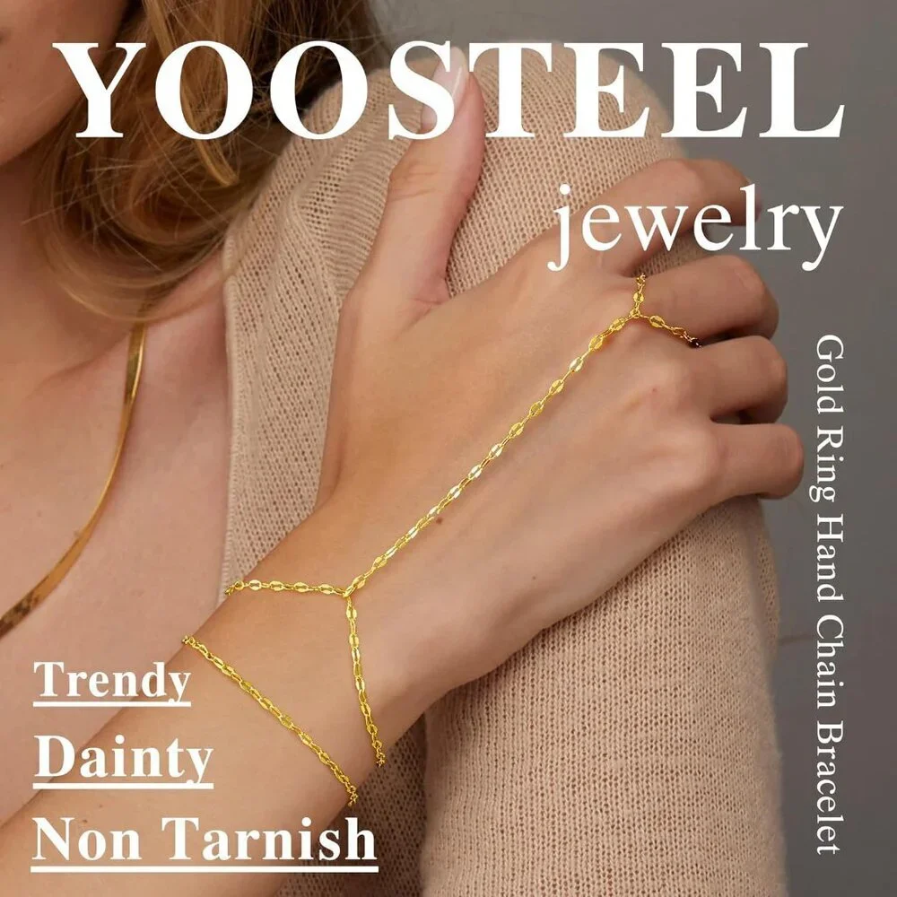 Dainty 14K Gold Plated Hand Chain Bracelet Women Layered Ring Jewelry